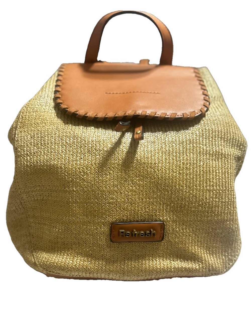 Refresh Raffia Style Backpack Vegan Leather Trim Drawstring Flap Boho